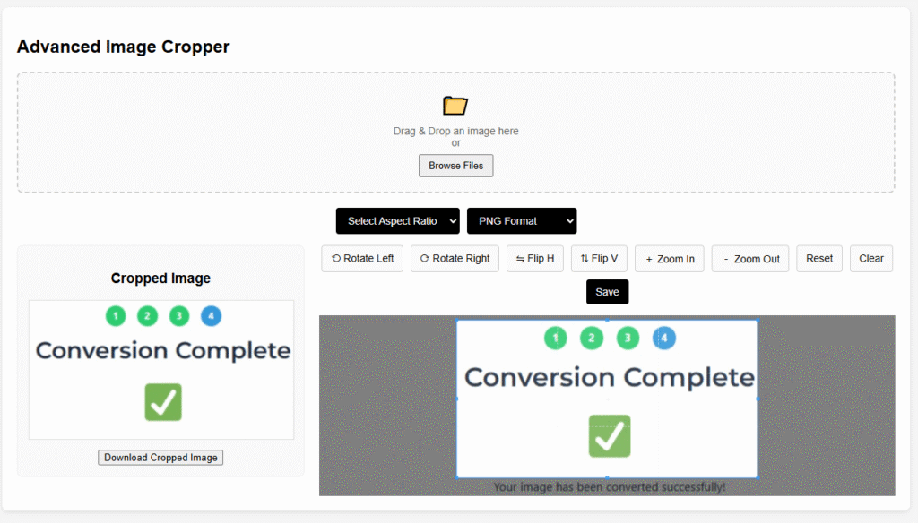 Cropped image preview with download option and custom ratio settings
