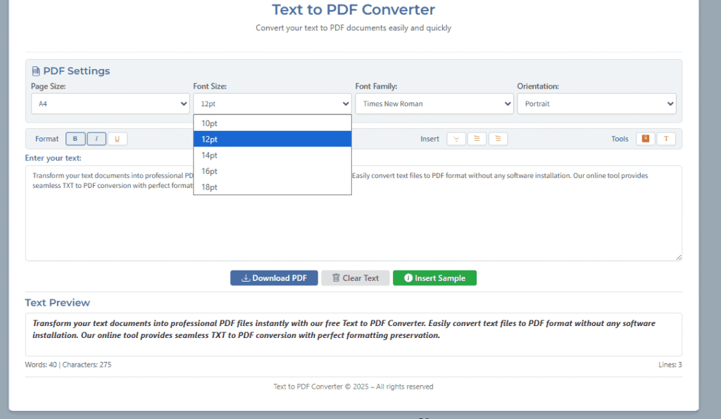Text to PDF Converter with alignment, insert, font style, and page size customization options