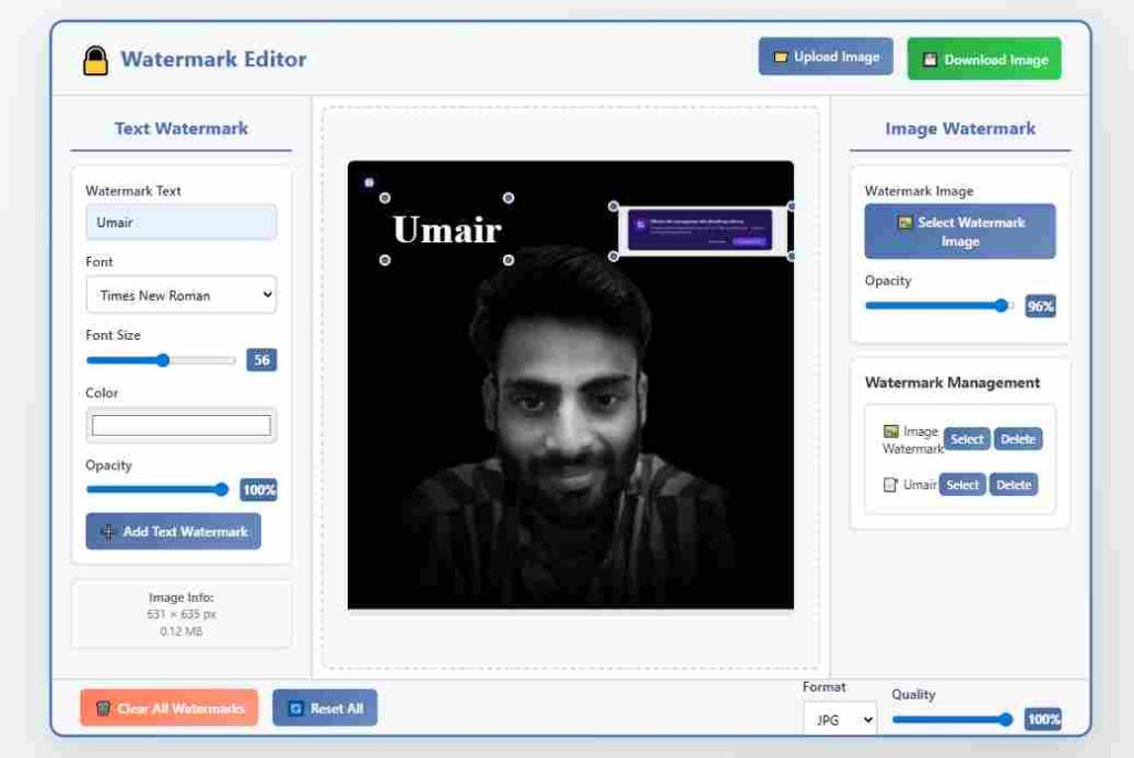 insert and move text watermark on uploaded image online