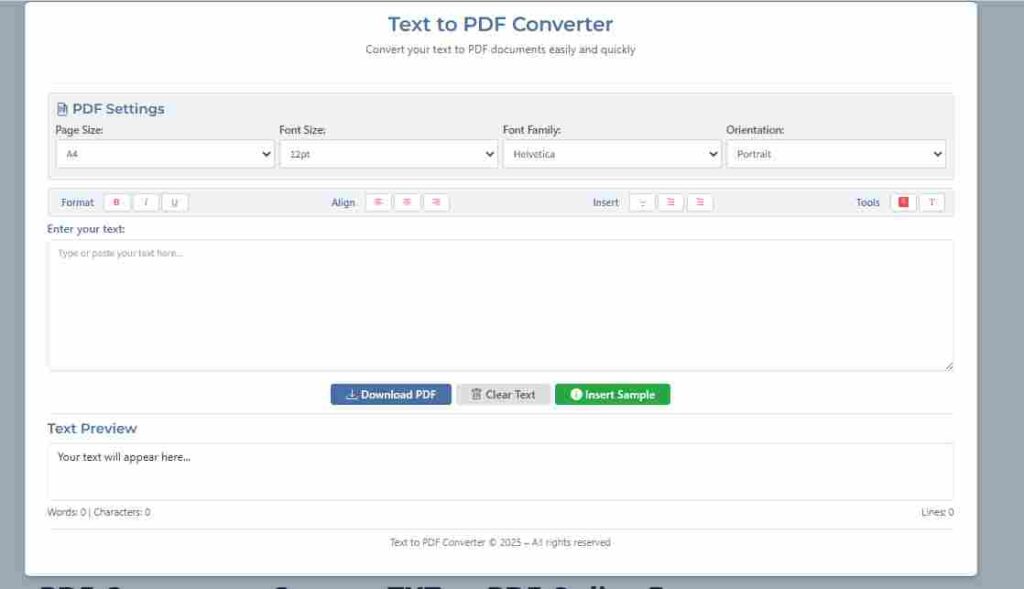 paste text into free online Text to PDF Converter tool