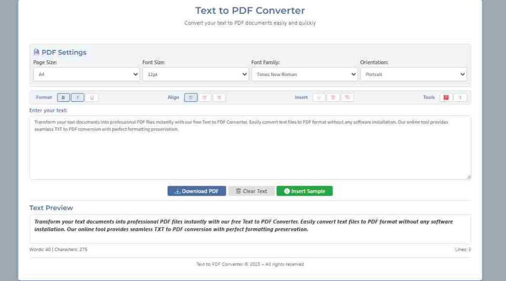 customize font size and style in Text to PDF Converter before downloading PDF