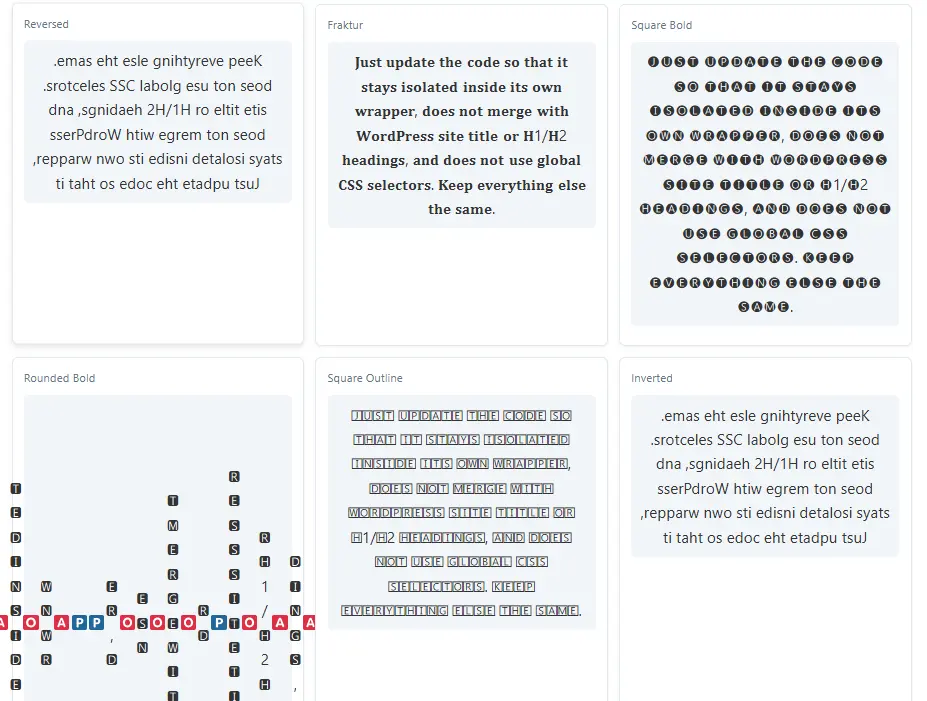 Online Fancy Text Generator showing copied fancy text styles