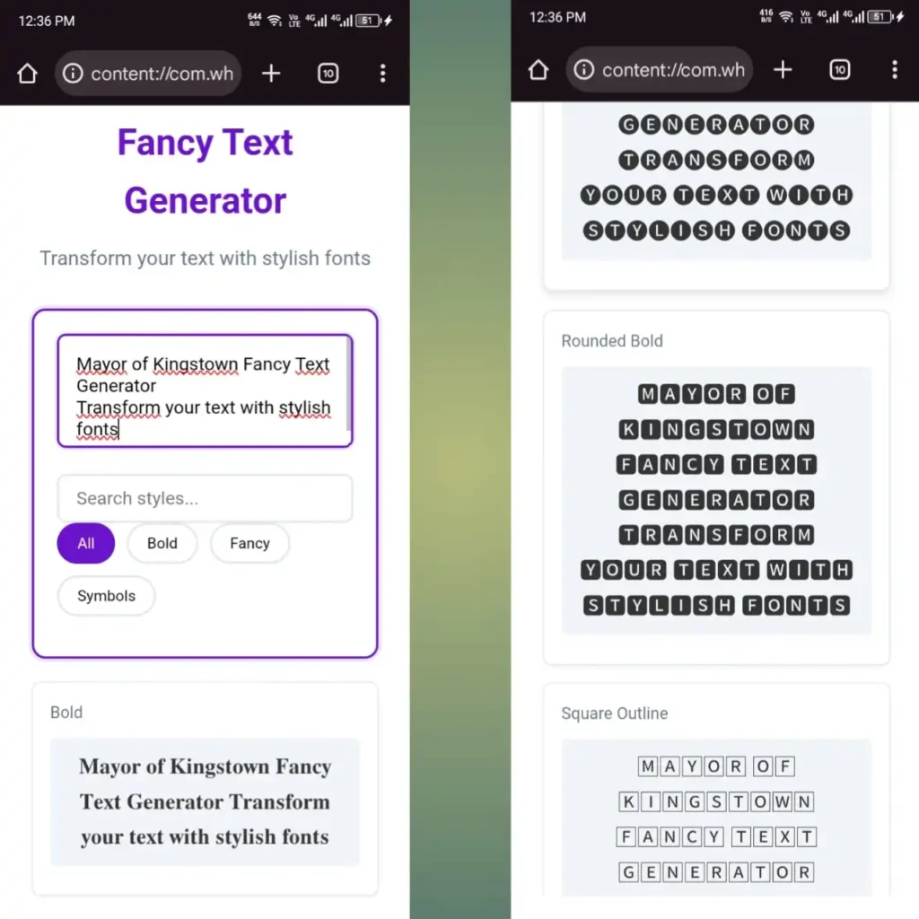 Online Fancy Text Generator interface on mobile showing fancy text styles