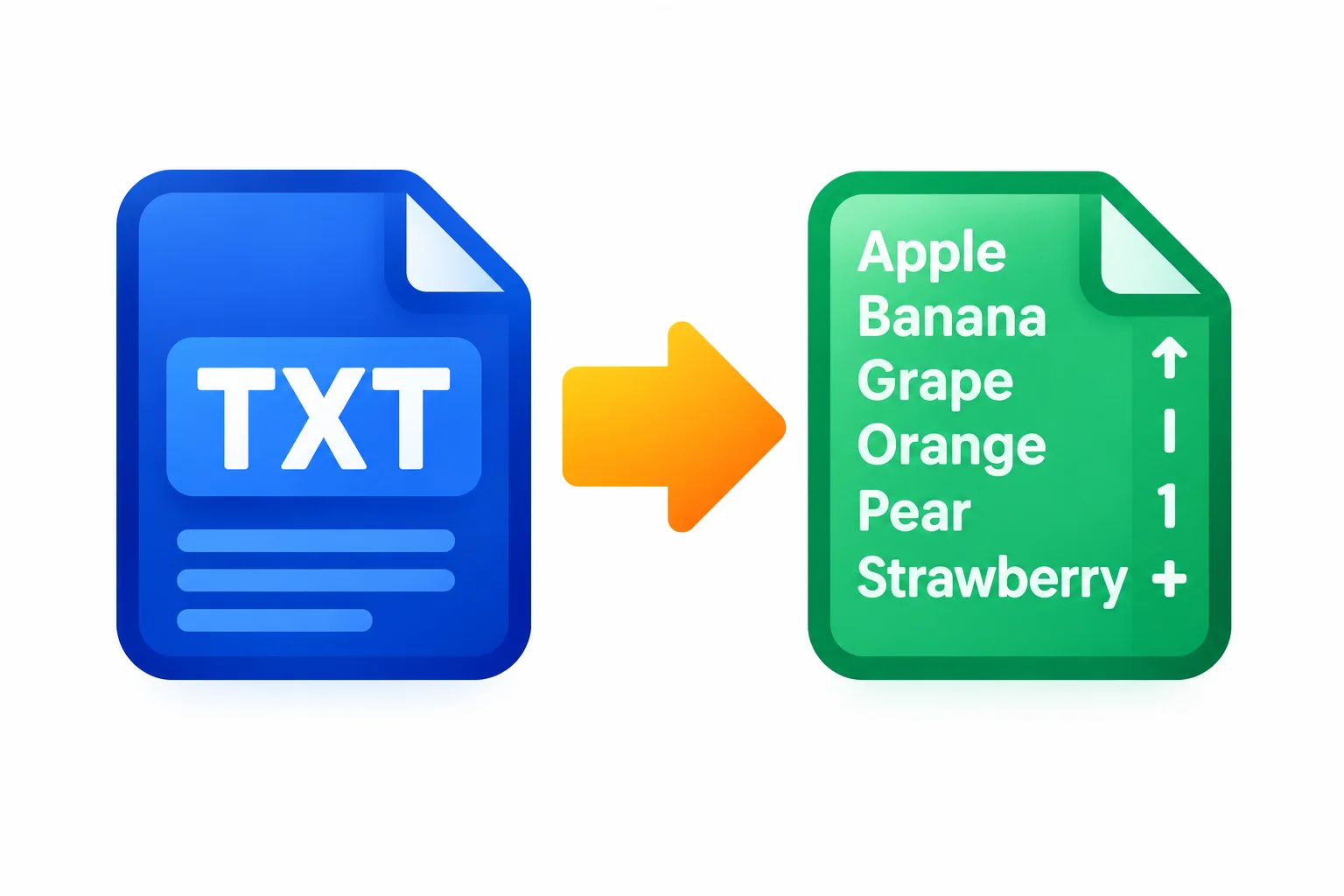 Sort text alphabetically tool icon showing a raw text file converting into an organized alphabetical list.